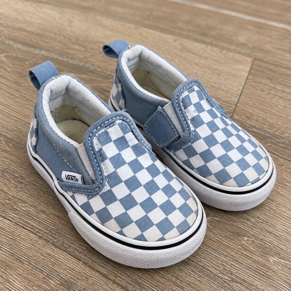 Vans Toddler Checkerboard Slip-On Shoes – Blue & White – Size 5
